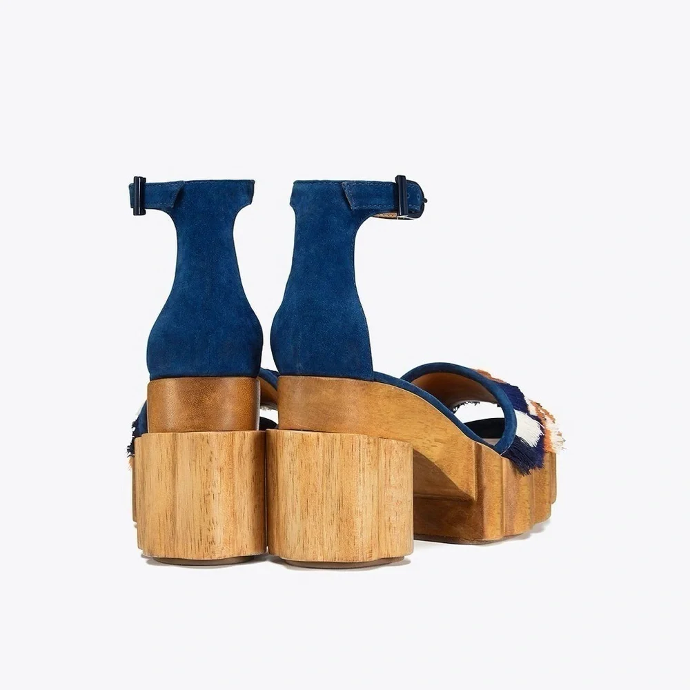 Tory Burch Alma Platform Sandals Heels Size 7 Fringe Suede Wooden Block Heel